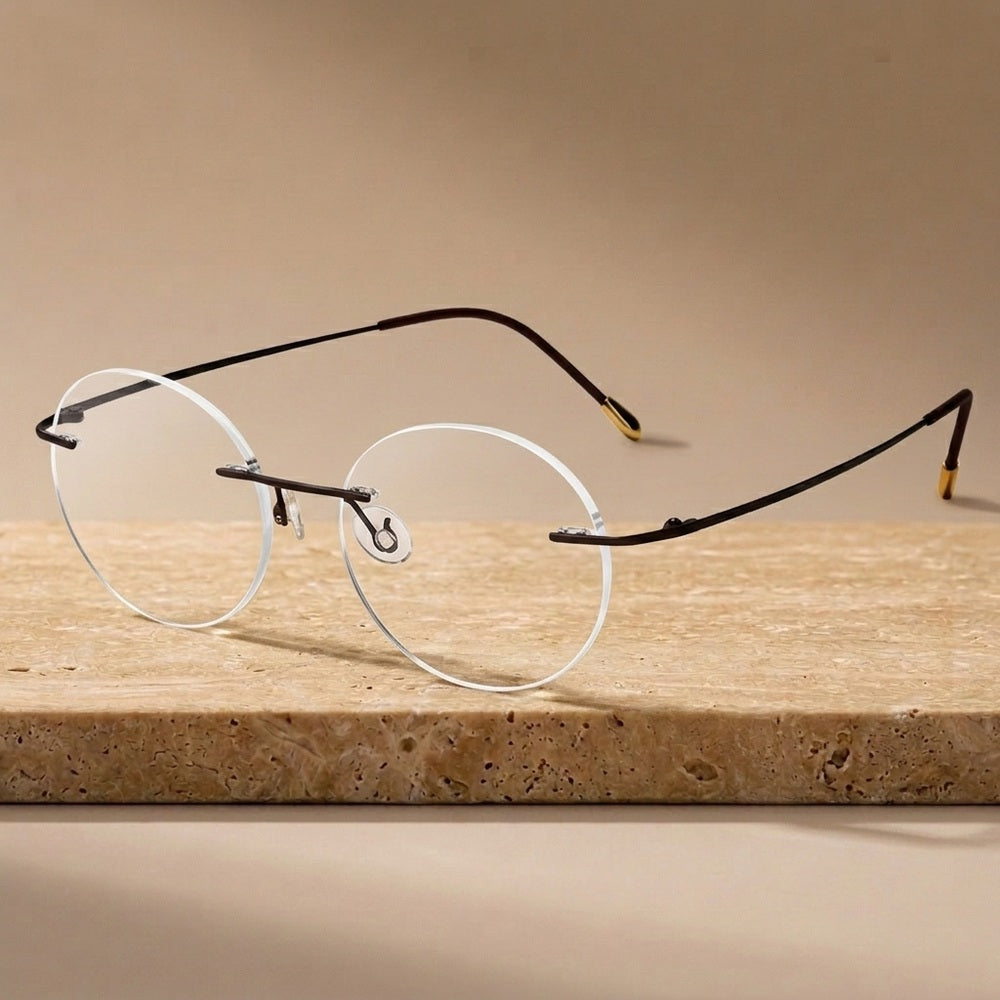 Krasivyy Unisex Rimless Round Pure Titanium Eyeglasses KR16012 - Matt Brown — view 8 | Krasivyy at FuzWeb