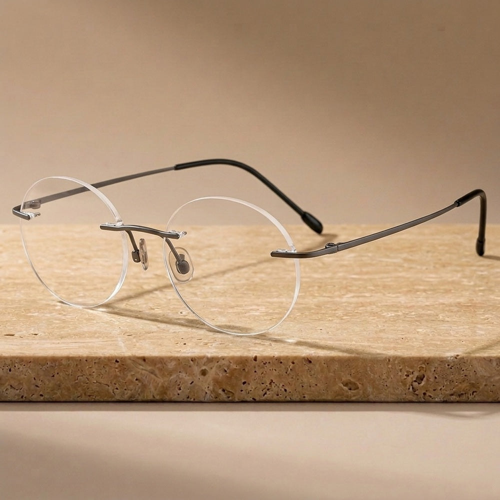 Krasivyy Unisex Rimless Round Pure Titanium Eyeglasses KR16012 - Matt Gun — view 3 | Krasivyy at FuzWeb