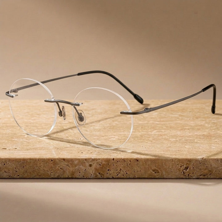 Krasivyy Unisex Rimless Round Pure Titanium Eyeglasses KR16012 - Matt Gun — view 3 | Krasivyy at FuzWeb