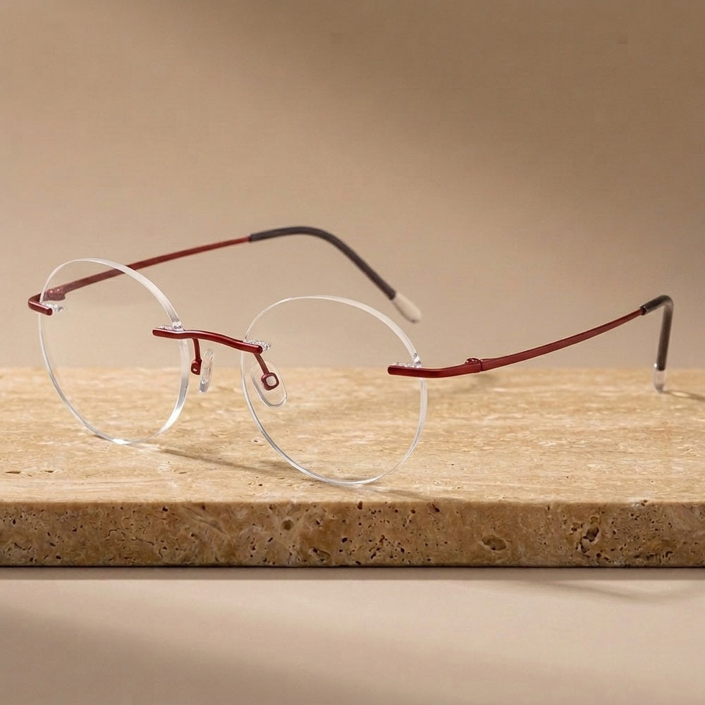Krasivyy Unisex Rimless Round Pure Titanium Eyeglasses KR16012 - Matt Red — view 1 | Krasivyy at FuzWeb