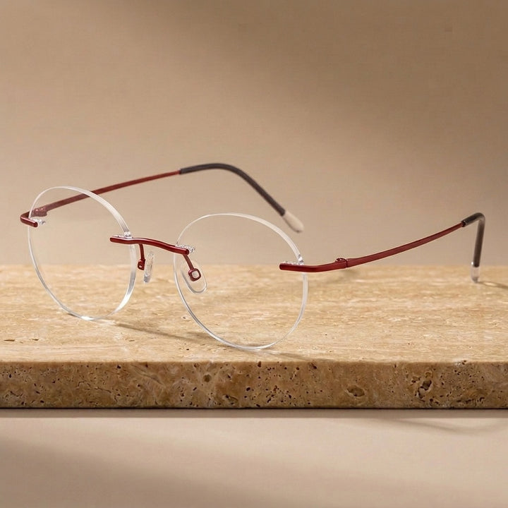 Krasivyy Unisex Rimless Round Pure Titanium Eyeglasses KR16012 - Matt Red — view 1 | Krasivyy at FuzWeb