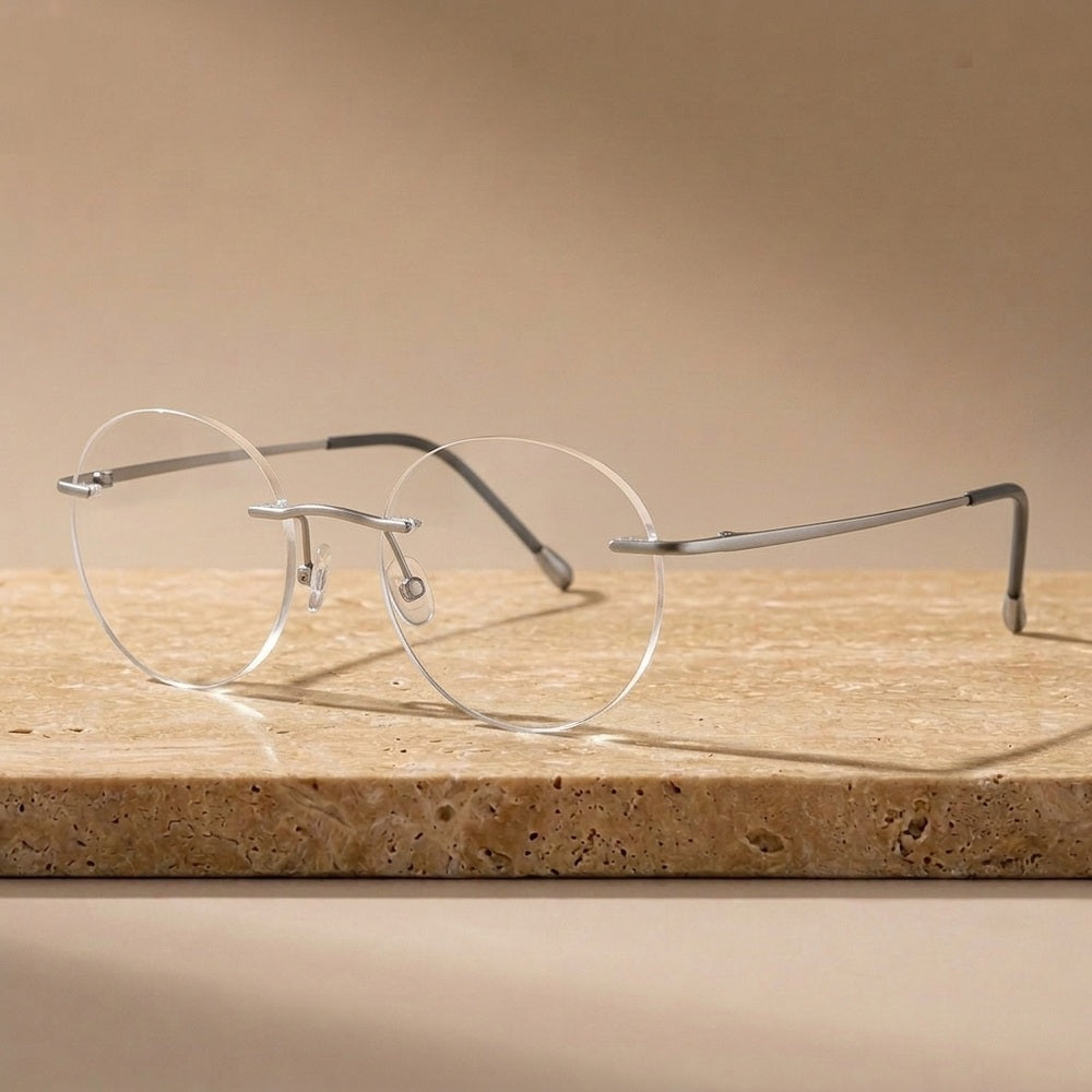 Krasivyy Unisex Rimless Round Pure Titanium Eyeglasses KR16012 - Matt Silver — view 2 | Krasivyy at FuzWeb
