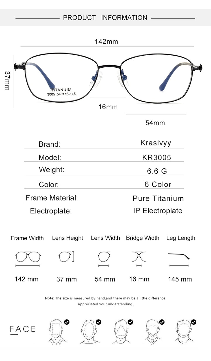 Krasivyy Unisex Full Rim Oval Square Titanium Eyeglasses 33005 - Size Chart