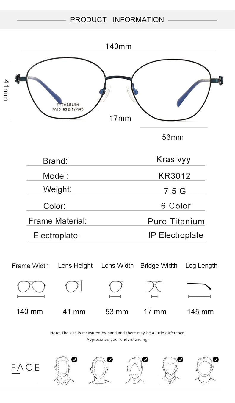 Krasivyy Unisex Full Rim Polygon Oval Titanium Eyeglasses 33012 - Size Chart