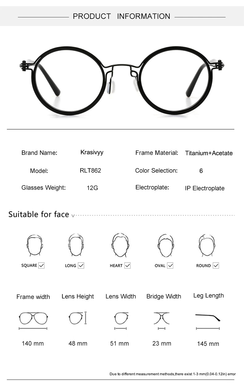 Krasivyy Unisex Full Rim Round Acetate Titanium Eyeglasses 55862 - Size Chart
