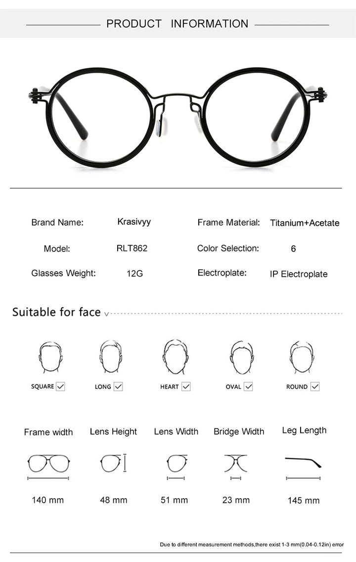 Krasivyy Unisex Full Rim Round Acetate Titanium Eyeglasses 55862 - Size Chart