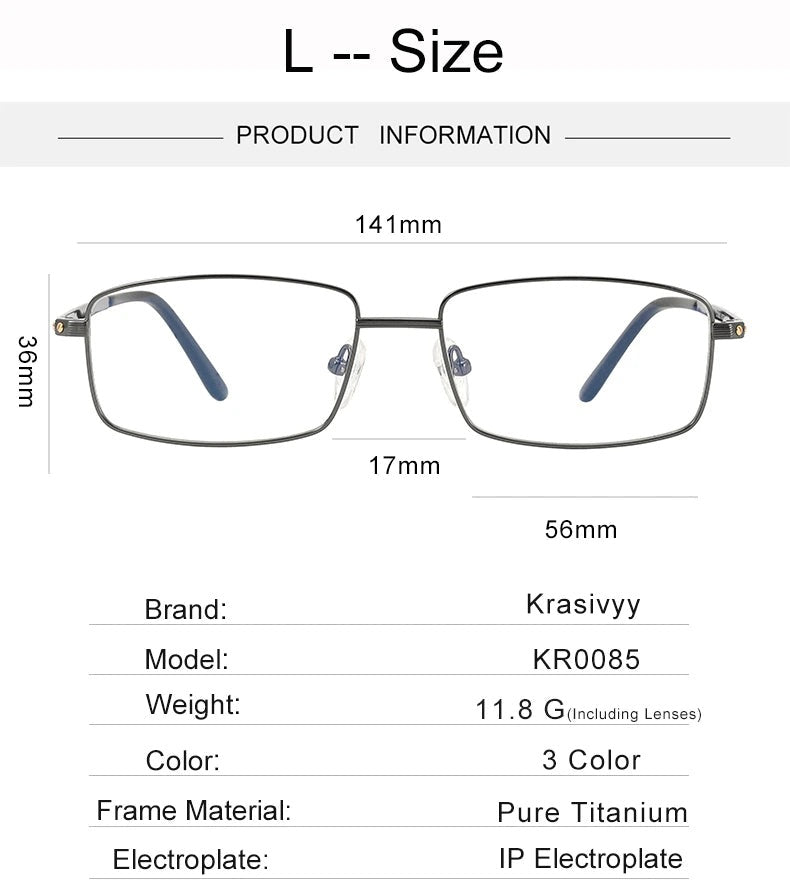 Krasivyy Unisex Full Rim Square Two Sizes Titanium Eyeglasses 310085 - Size Chart