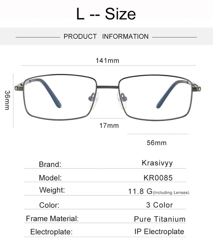 Krasivyy Unisex Full Rim Square Two Sizes Titanium Eyeglasses 310085 - Size Chart