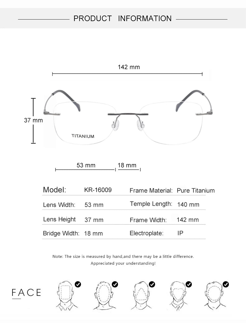 Krasivyy Unisex Rimless Oval Square Titanium Eyeglasses 316009 - Size Chart