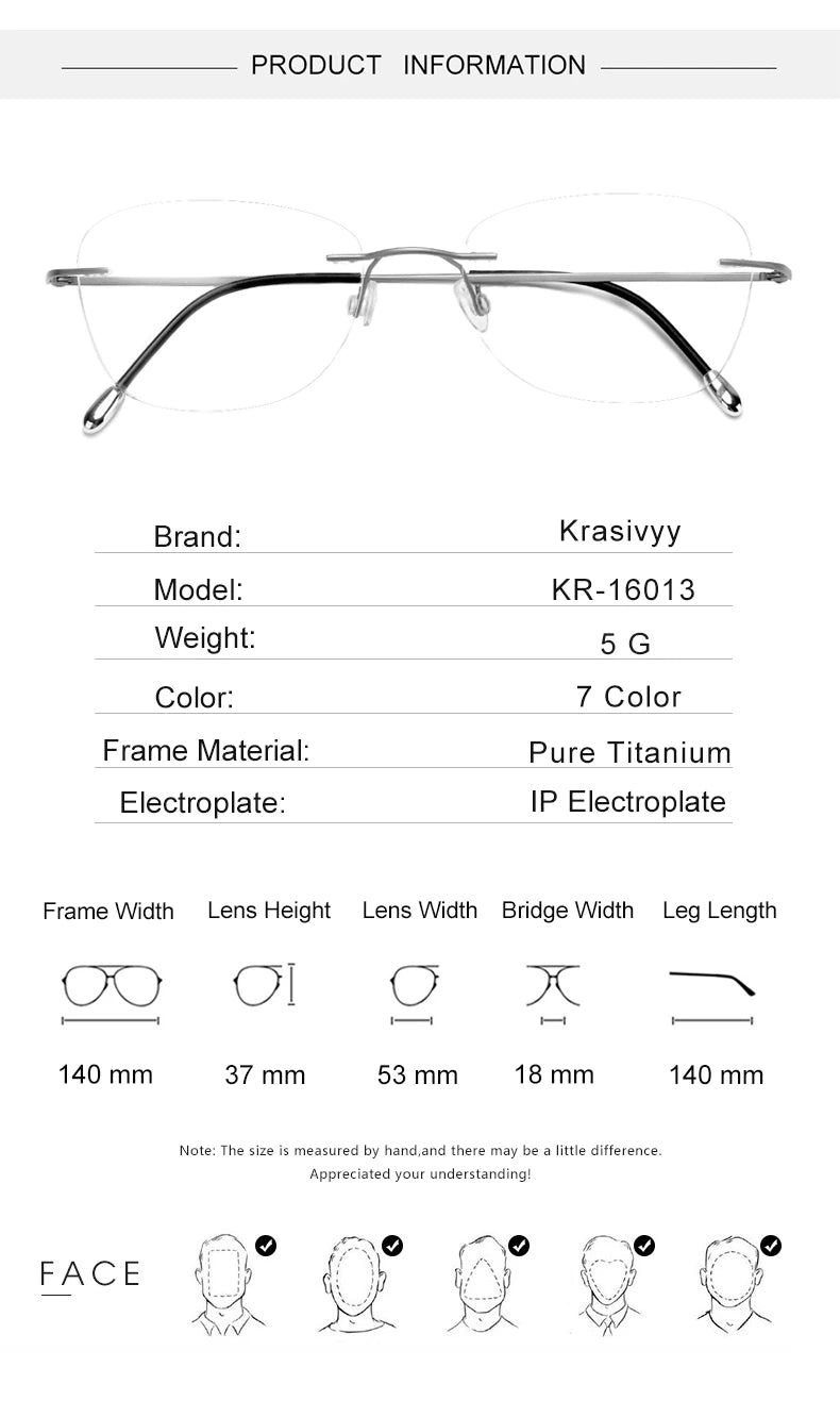 Krasivyy Unisex Rimless Oval Square Titanium Eyeglasses 316013 - Size Chart