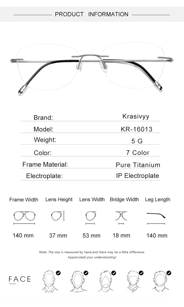 Krasivyy Unisex Rimless Oval Square Titanium Eyeglasses 316013 - Size Chart