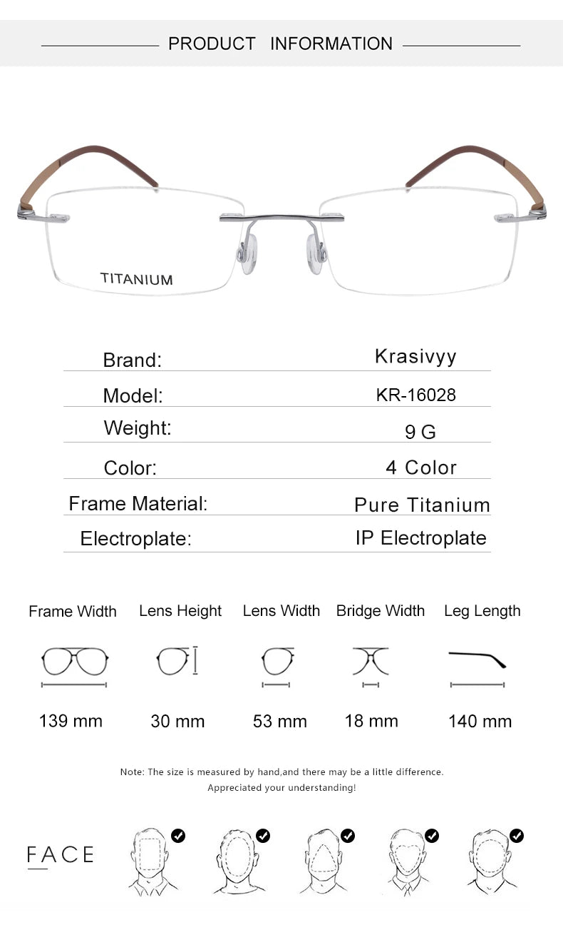 Krasivyy Unisex Rimless Square Oval Titanium Eyeglasses 316028 - Size Chart