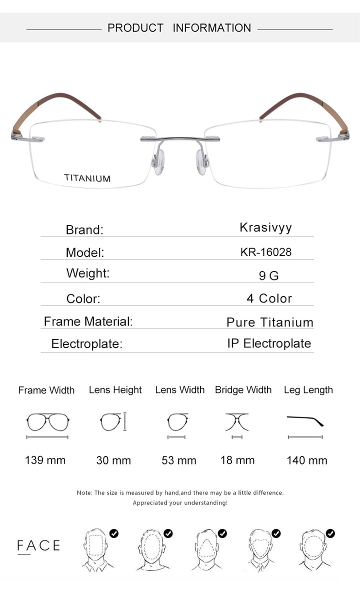 Krasivyy Unisex Rimless Square Oval Titanium Eyeglasses 316028 - Size Chart