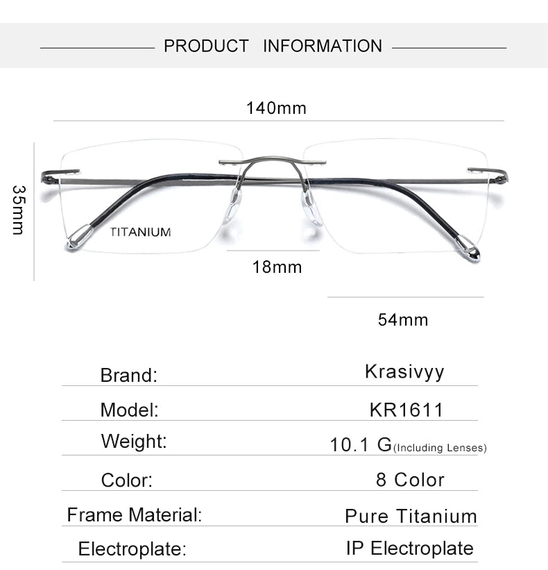 Krasivyy Unisex Rimless Square Titanium Eyeglasses 71611 - Size Chart