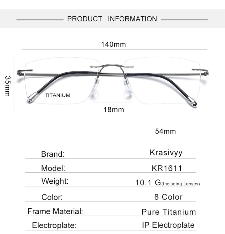 Krasivyy Unisex Rimless Square Titanium Eyeglasses 71611 - Size Chart