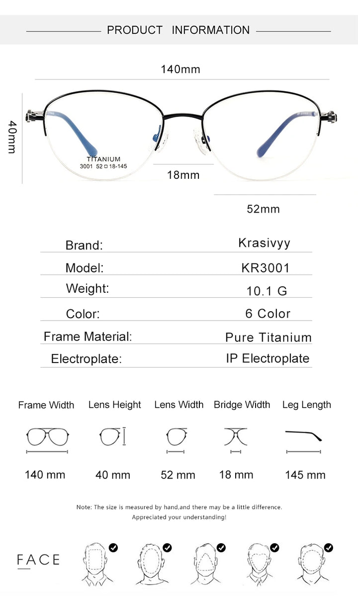 Krasivyy Unisex Semi Rim Oval Square Titanium Eyeglasses 33001 - Size Chart