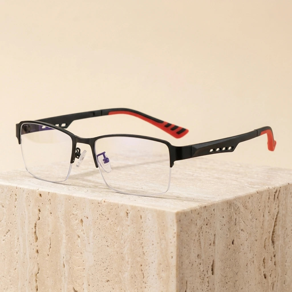 Bclear S2387 Men's Semi-Rimless Titanium Alloy Eyeglasses - Black Frame Red Leg