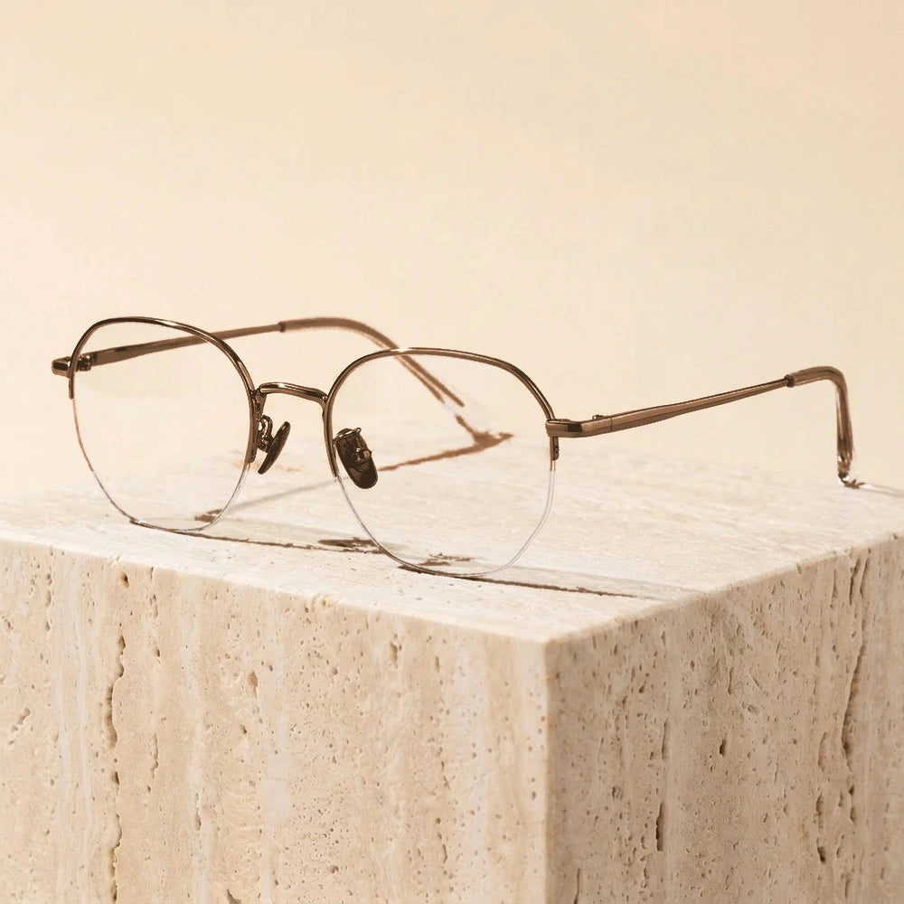 Momoja Women's Semi Rim Polygon Oval Titanium Eyeglasses 20177 - Milk Coffee