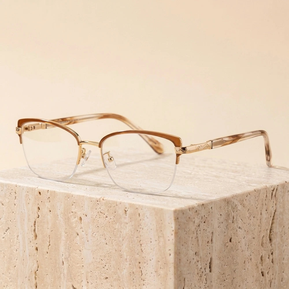 Momoja Women's Semi Rim Square Titanium Eyeglasses 23006 - Tea Gold