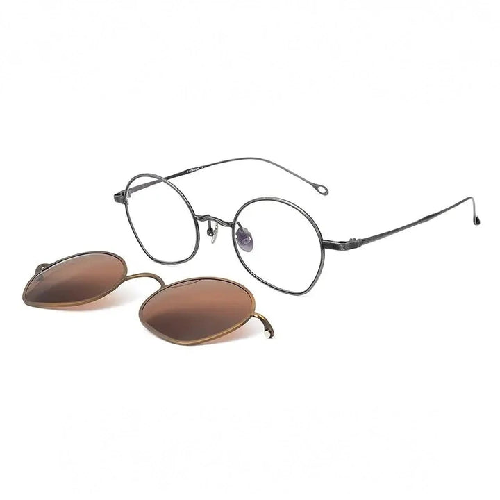 Muzz Unisex Full Rim Flat Bottom Round Titanium Eyeglasses Clip On Sunglasses 41925 - C1