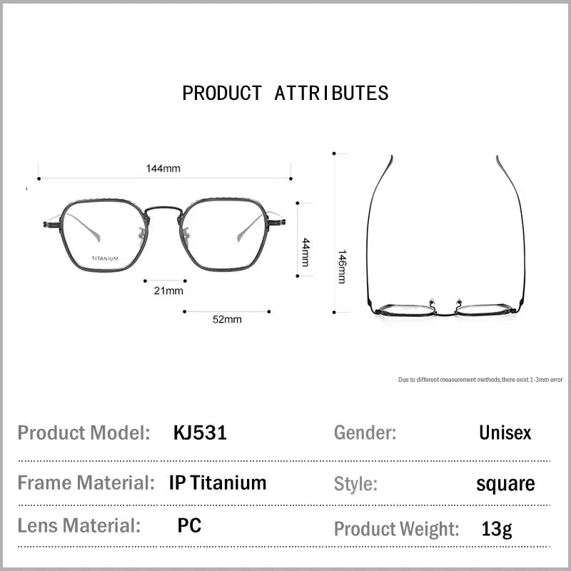 Muzz Unisex Full Rim Flat Top Square Titanium Eyeglasses 45531 - Size Chart