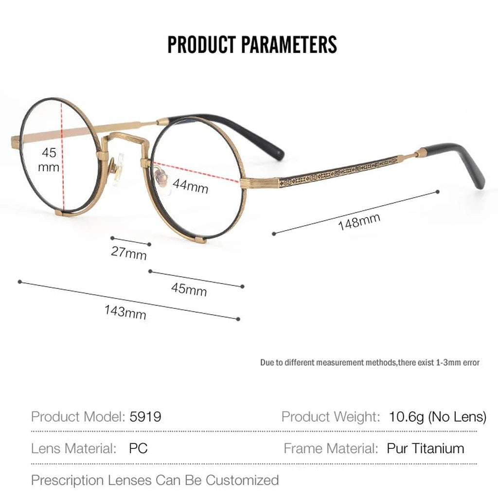 Muzz Unisex Round IP Titanium Prescription Eyeglasses 5919 - Size Guide
