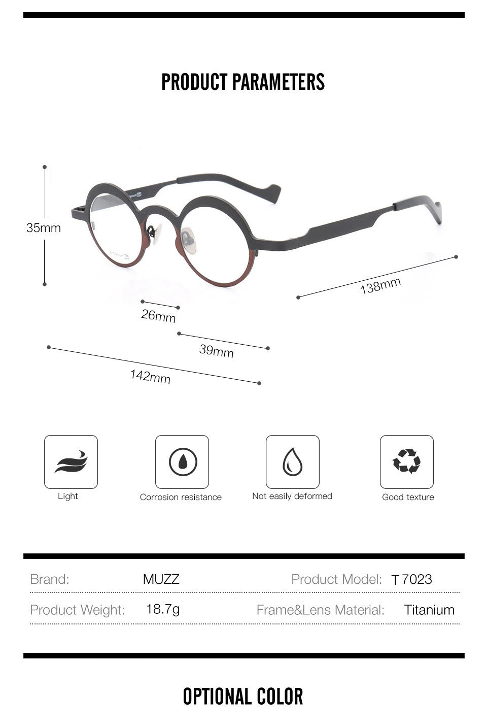 Muzz Unisex Full Rim Round Titanium Frame Eyeglasses T7023 - Size Chart