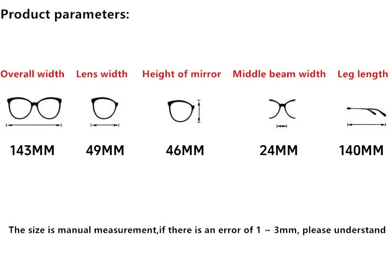 Nobler Unisex Full Rim Oval Square Acetate Titanium Eyeglasses 98001 - Size Chart
