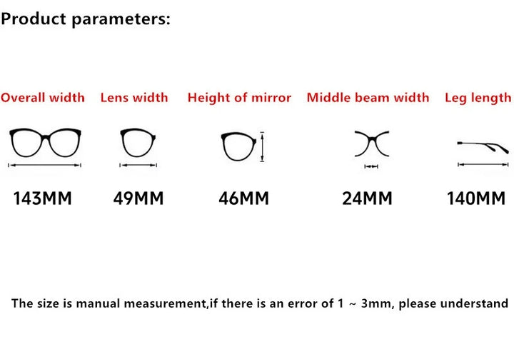 Nobler Unisex Full Rim Oval Square Acetate Titanium Eyeglasses 98001 - Size Chart