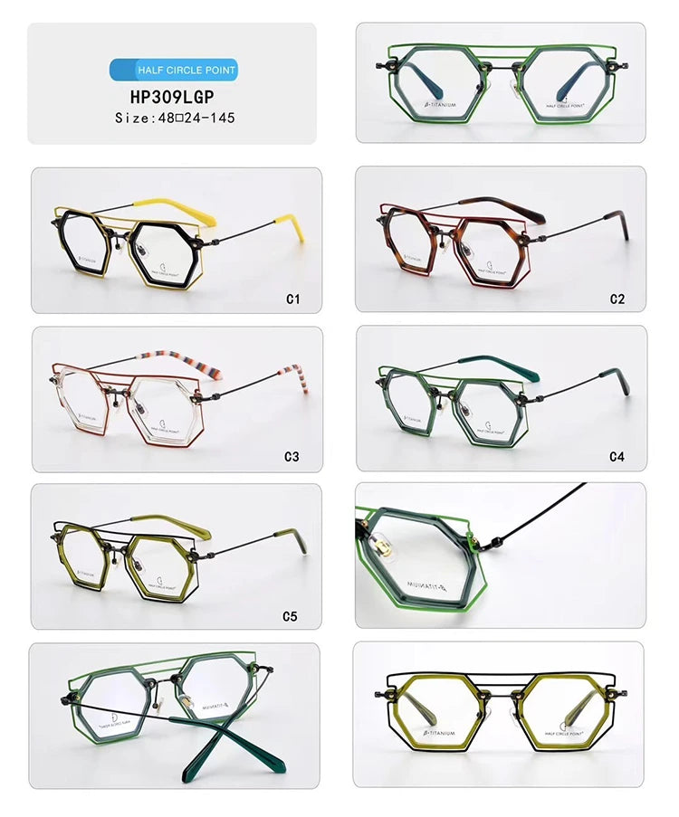 Nobler Unisex Full Rim Polygon Double Bridge Titanium Acetate Eyeglasses H309 - Size Chart