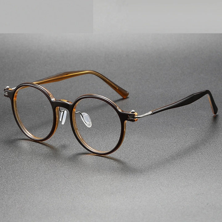 Oveliness Unisex Full Rim Round Acetate Titanium Eyeglasses 5886 - brown gun