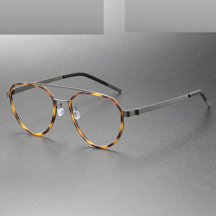 Oveliness Unisex Full Rim Round Double Bridge Acetate Titanium Eyeglasses 9745 - tortoise gun