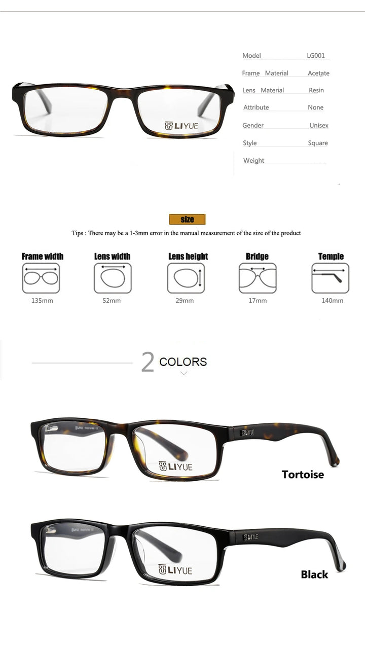 Oveliness Unisex Full Rim Square Acetate Eyeglasses Lg001 - Size Chart