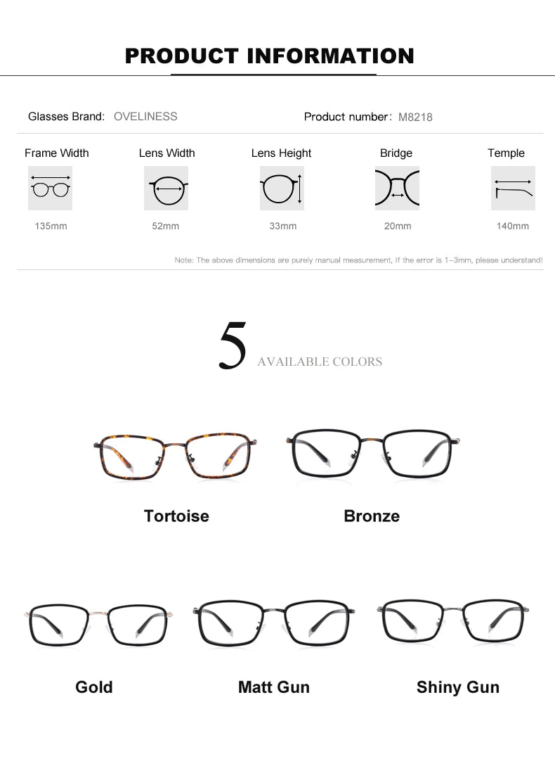Oveliness Unisex Full Rim Square Alloy Eyeglasses 0037 - Size Chart