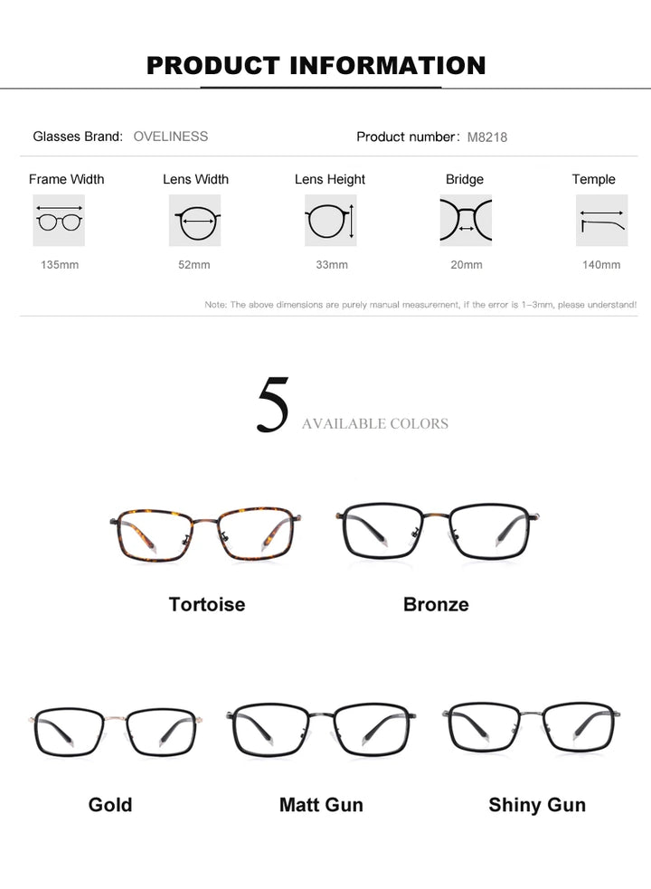 Oveliness Unisex Full Rim Square Alloy Eyeglasses 0037 - Size Chart