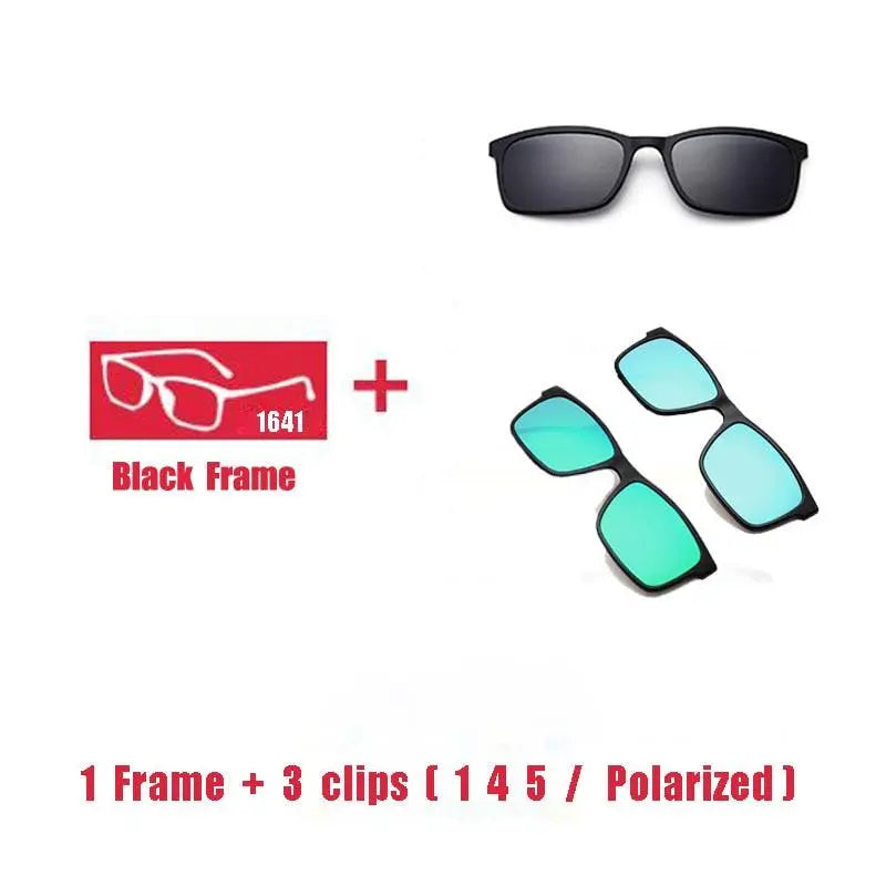 Oveliness Unisex Full Rim Square Tr 90 Titanium Eyeglasses Polarized Clip On Sunglasses 1641 - 1F 3 clips 1 4 5
