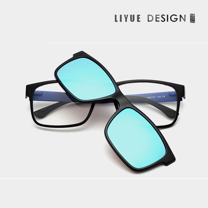 Oveliness Unisex Full Rim Square Tr 90 Titanium Eyeglasses Polarized Clip On Sunglasses 1641 - black blue