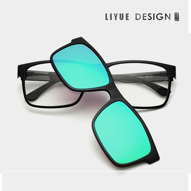 Oveliness Unisex Full Rim Square Tr 90 Titanium Eyeglasses Polarized Clip On Sunglasses 1641 - black green