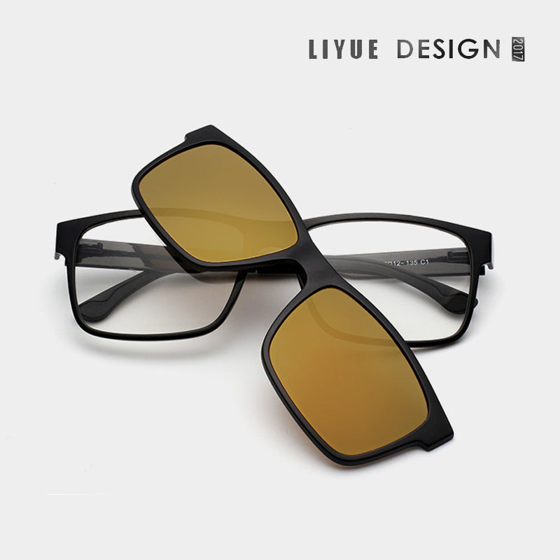 Oveliness Unisex Full Rim Square Tr 90 Titanium Eyeglasses Polarized Clip On Sunglasses 1641 - black yellow