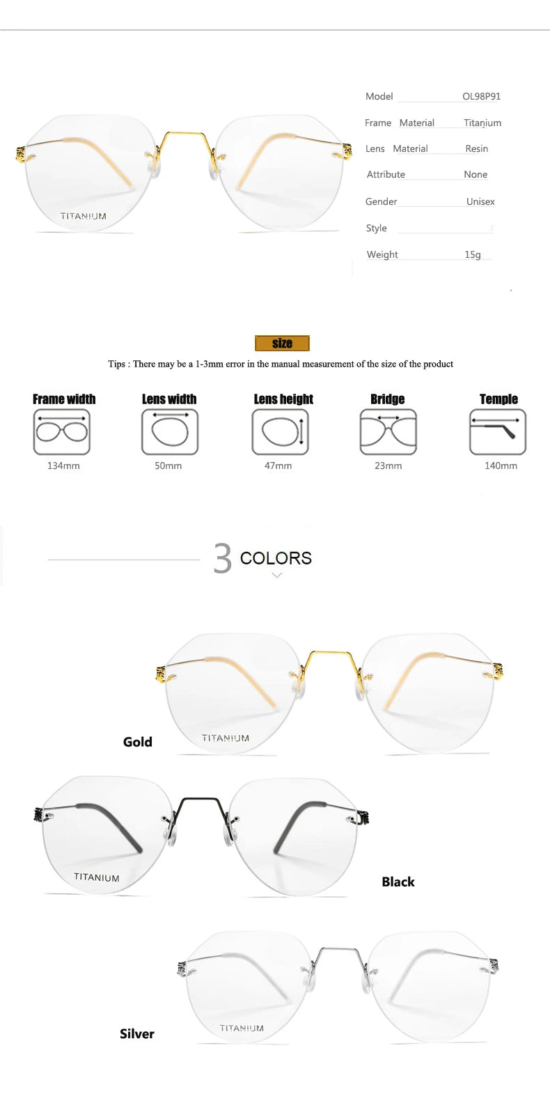 Oveliness Unisex Rimless Round Square Screwless Titanium Eyeglasses 9891 - Size Chart
