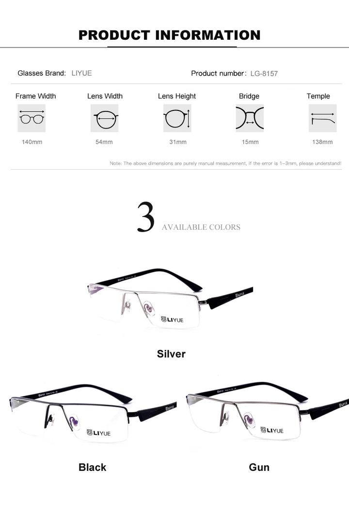Oveliness Unisex Semi Rim Square Titanium-Alloy Eyeglasses 328127 - Size Chart