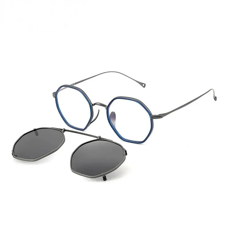 Oveliness Women's Full Rim Flat Top Round Titanium Eyeglasses Clip On Sunglasses 77310 - blue gun grey