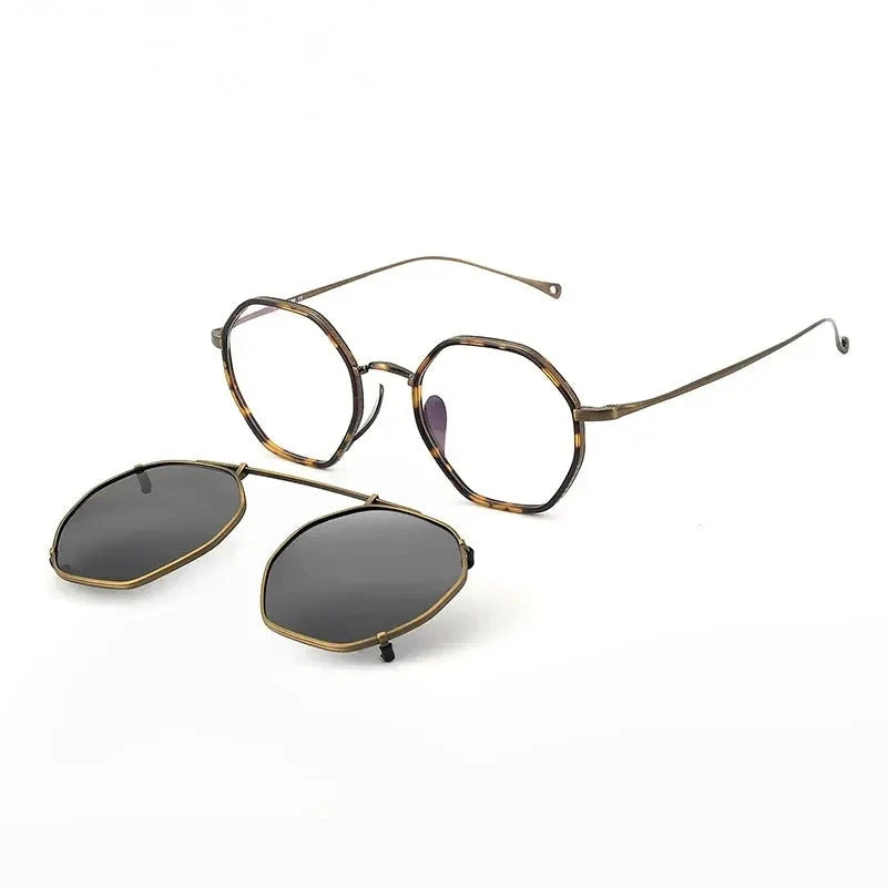 Oveliness Women's Full Rim Flat Top Round Titanium Eyeglasses Clip On Sunglasses 77310 - tortoise bronze grey