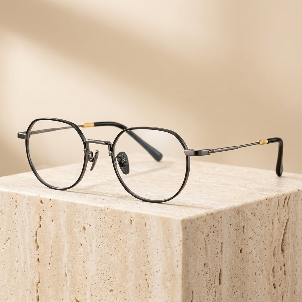 Chashma Ottica Unisex Full Rim Polygon Round Titanium Eyeglasses 20066 - Black-Gun