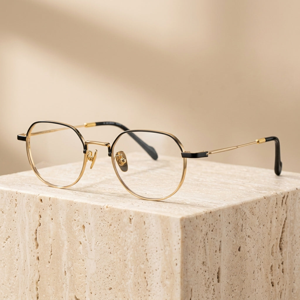 Chashma Ottica Unisex Full Rim Polygon Round Titanium Eyeglasses 20066 - Black-Gold