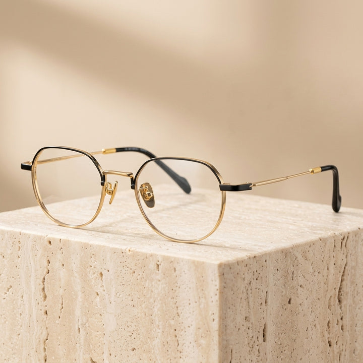 Chashma Ottica Unisex Full Rim Polygon Round Titanium Eyeglasses 20066 - Black-Gold