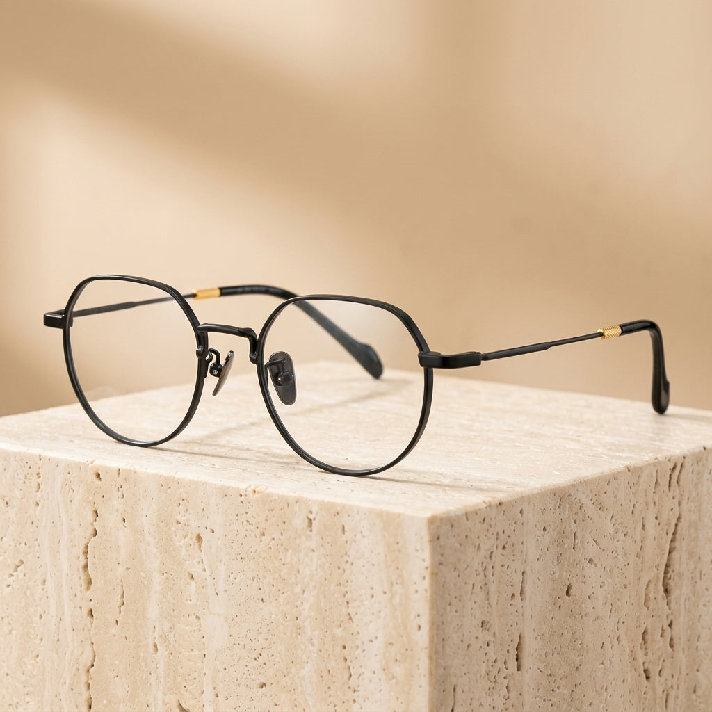 Chashma Ottica Unisex Full Rim Polygon Round Titanium Eyeglasses 20066 - Matte-Black