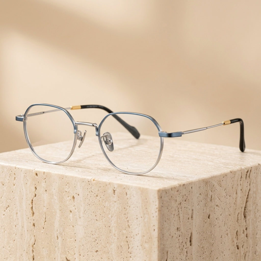 Chashma Ottica Unisex Full Rim Polygon Round Titanium Eyeglasses 20066 - Blue-Silver