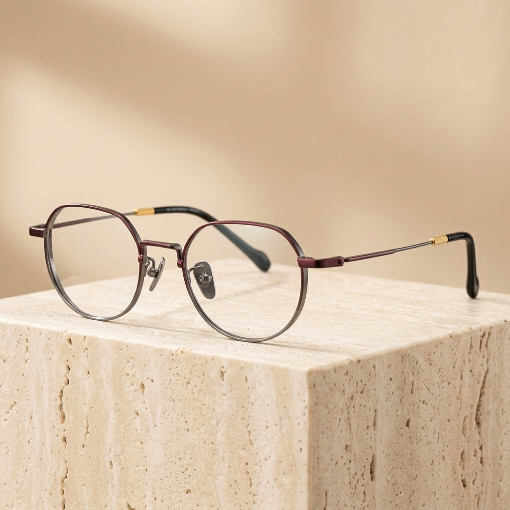 Chashma Ottica Unisex Full Rim Polygon Round Titanium Eyeglasses 20066 - Red-Gun