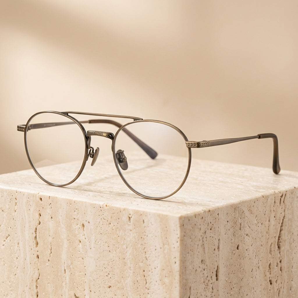Chashma Ottica Unisex Full Rim Round Double Bridge Titanium Eyeglasses 30205 - Bronze